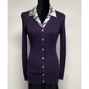 100% Silk Cardigan Sweater Small Womens Ribbed Long preppy Old Money Dark Purple
